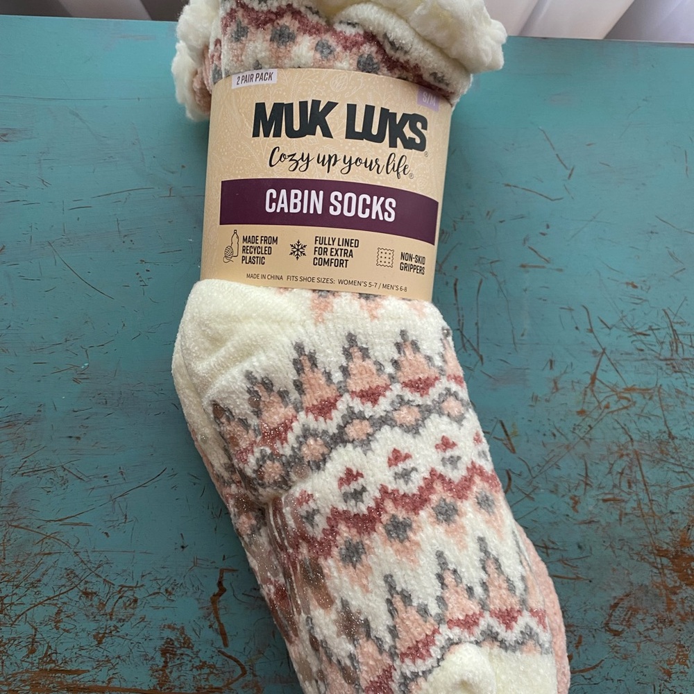 Muk Luks Cabin Socks Cream & Pink Sz 5-7 Women’s